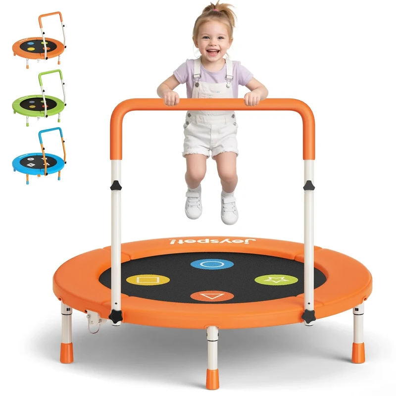 Trampolin Kinder Indoor, Ø 91cm Faltbare Fitness Trampolin mit Haltegriff, Mini Kindertrampolin Max 45 kg, geräuscharme Sprungmatte, sicher & stabil, Gartentrampolin Outdoor für Kleinkind 3-8 Jahre