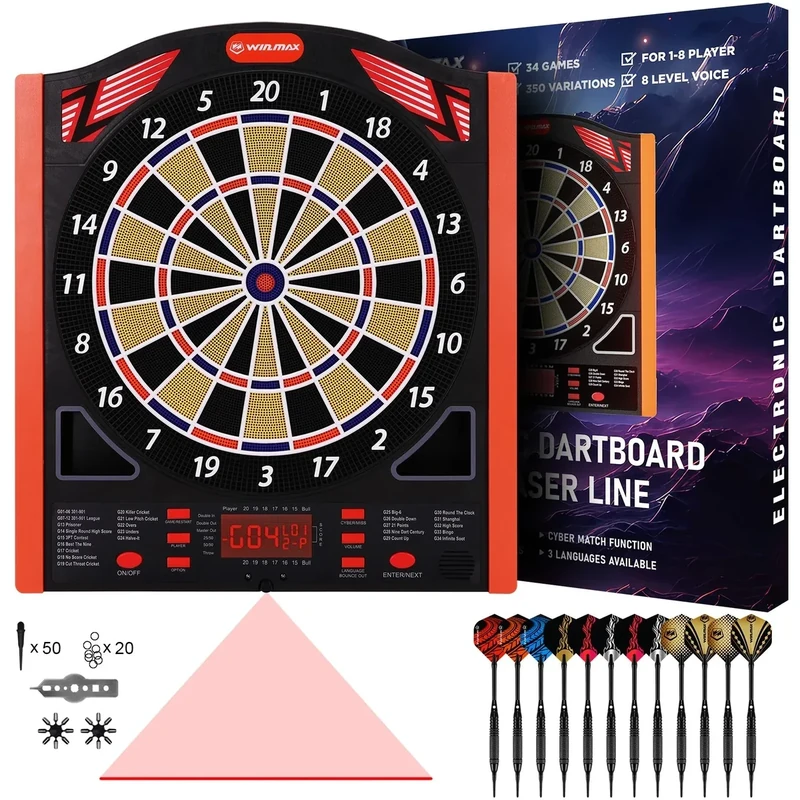 WIN.MAX Elektronische Dartscheibe Profi Set mit Laser Throw/Toe Line Marker mit Deutsche Stimme-Geeignet für Batterien/Adapter für 1 bis 8 Spieler mit 12 Darts