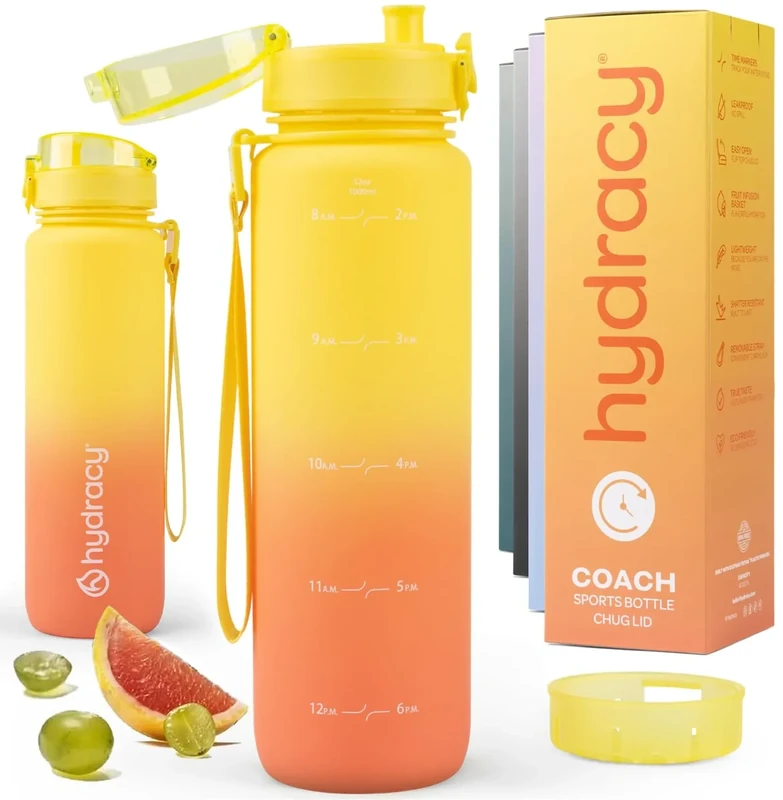 Hydracy Trinkflasche mit Fruchteinsatz - 1L Wasserflasche - BPA-freie Trinkflasche mit Zeitmarkierung Auslaufsichere Sportflasche - Kondensationsfrei für Sport und Outdoor - Farbverlauf Gelb Koralle