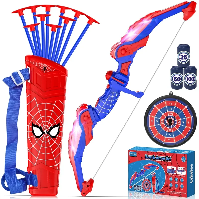 Lubolee Pfeil und Bogen Kinder Set mit LED Licht, Outdoor Spielzeug ab 3 4 5 6 7 8 9 10 11 12 Jahre Jungen, Outdoor Spiele für Kinder mit Bogen, Köcher, 10 Pfeilen, Hängeziel und 3 Schaumstoffzielen