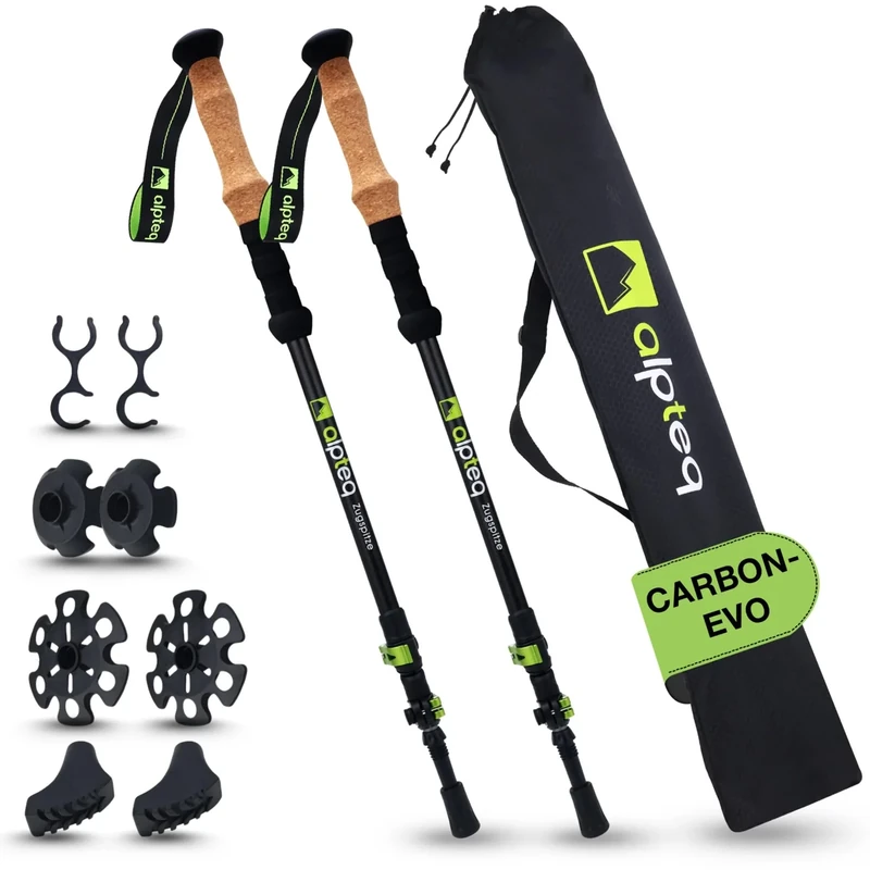 Alpteq® Carbon Wanderstöcke Teleskop - Modell Zugspitze Grün – Ultraleichte Trekkingstöcke für Damen, Herren & Kinder | Verstellbar 65–135 cm | Nordic Walking Stöcke mit Korkgriff