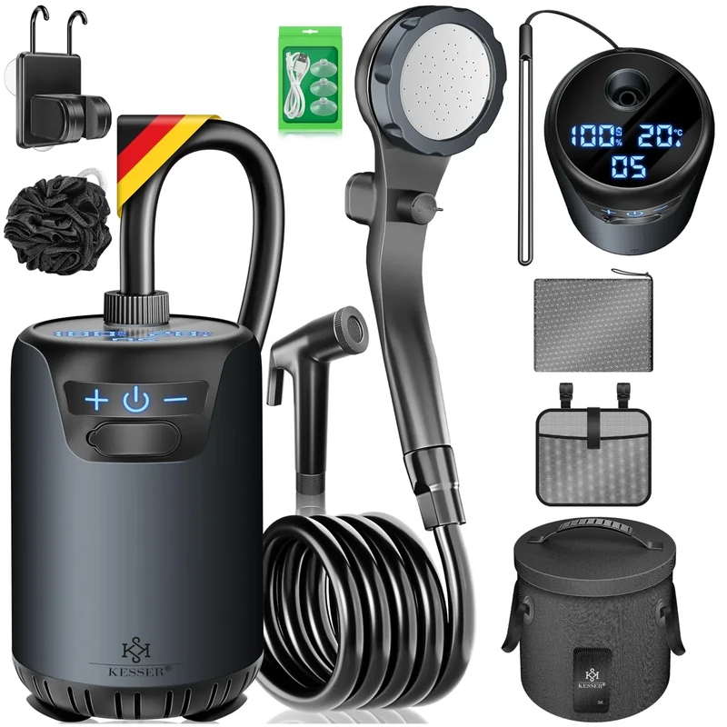 KESSER® Campingdusche Solardusche mit Pumpe & wiederaufladbarem Akku 8000mAh Mobile Dusche | Camping Dusche Set inkl. einstellbarem Duschkopf, 2m Schlauch, Sprühpistole, Halterung & 20L Wasserbehälter