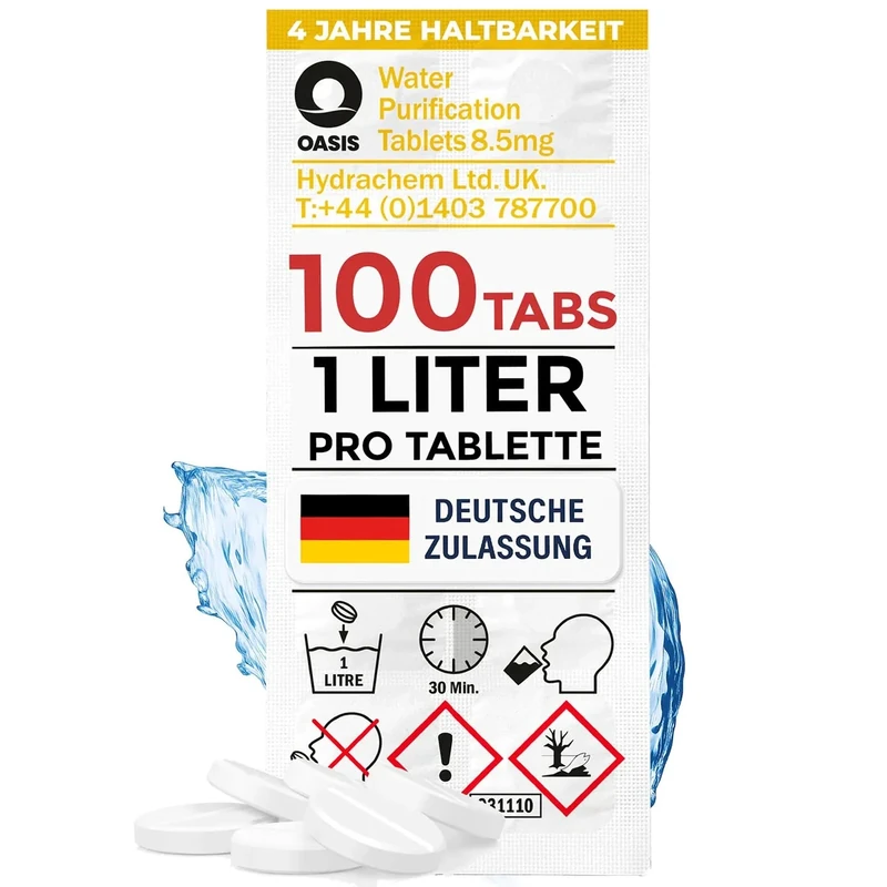 Wicked Chili Travel Wasseraufbereitung Trinkwasser (100 Tabletten je 1 Liter) Wasserentkeimung & Trinkwasseraufbereitung - für Wandern & Campen, Notfallrucksack Reiseapotheke, Notfall Ausrüstung