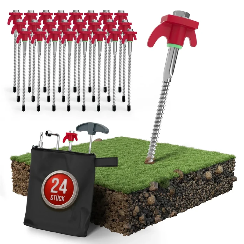 Innosol XXL Set Zeltheringe sturmsicher I 24 rostfreie Erdnägel, leuchtende Gummiringe, 2 Eindrehwerkzeuge, Tasche, Hering Entferner I geeignet für Harte Böden I Schraubheringe Camping Zubehör - Image 1