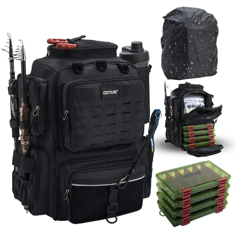 Goture Angelrucksack mit 4 Köderbox Angeln, 45-Liter Angelzubehör-Rucksack mit Zwei Rutenhaltern und Regenschutz, Wasserabweisende Angelgerätetasche mit verstellbarem Fach und 8 Ködertaschen