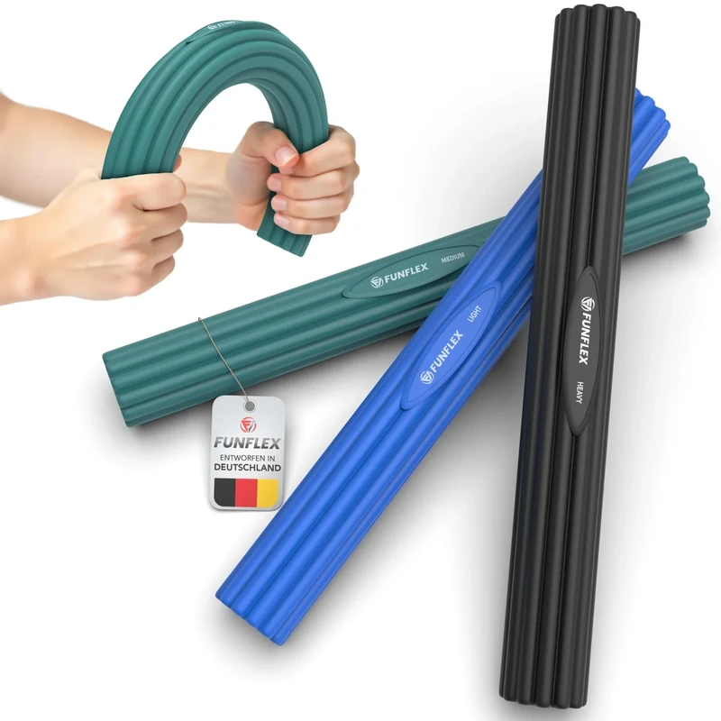 FUNFLEX Flexible Widerstand Stange Set, verschiedene Stärken - Tennisarm Bar, Griffkraft Training, Hand und Finger - Fitness Widerstandsstange, Unterarm & Handgelenk - Krafttraining