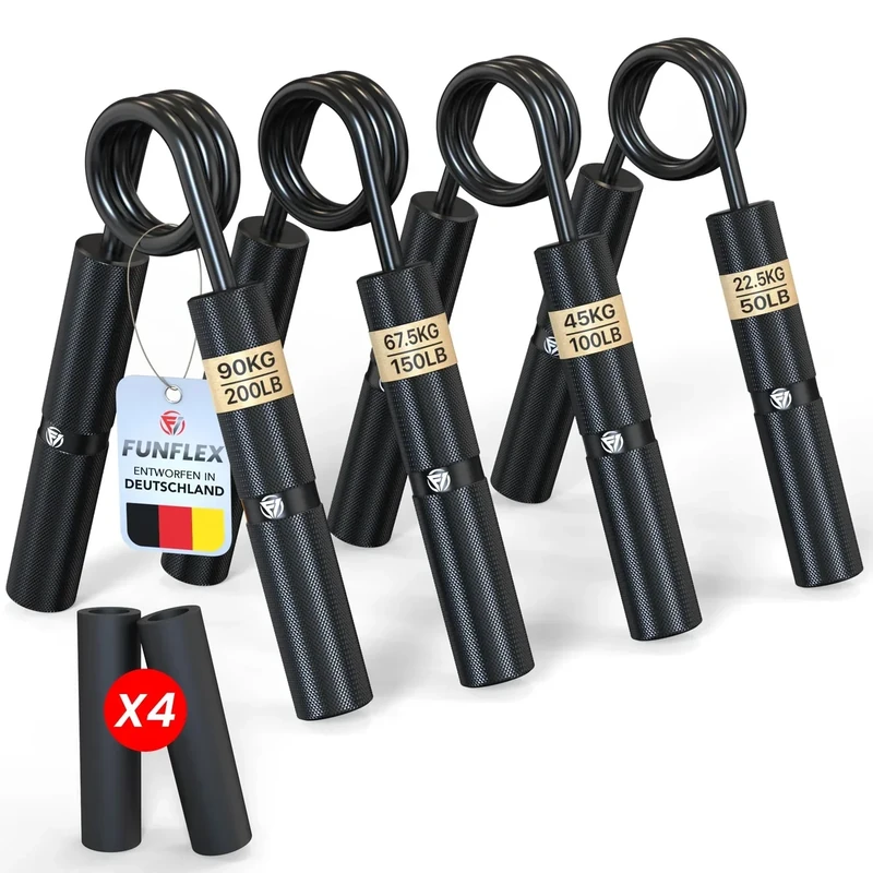 FUNFLEX Griffkraft Trainer 4er Set 22,5-90 kg Metall Handtrainer Fingertrainer Unterarmtrainer mit 8x Schaumstoff Griffhüllen Rutschfester Handgriff Stärker für Muskelaufbau Krafttraining Fitness