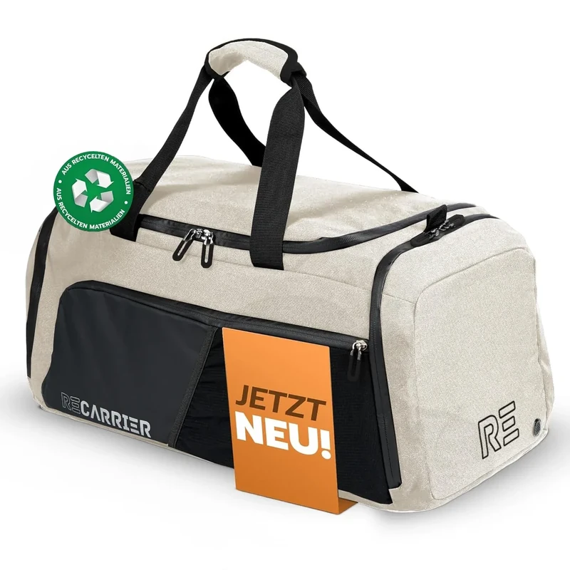 RECARRIER Sporttasche [RECYCELTES PET] 50L –Gym Bag und Rucksack in Einem –wasserdichte Trainingstasche Herren Damen –Sportrucksack wasserdicht mit Schuhfach Fitness, Reisetasche groß (Savanna beige)