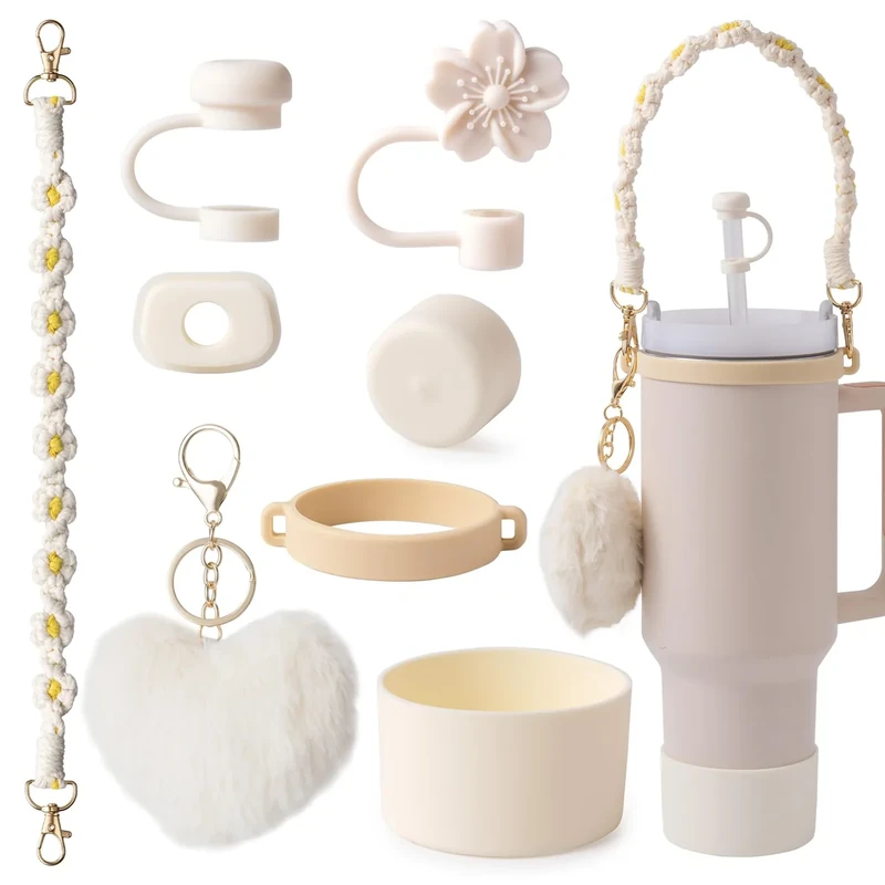 Stanley Cup Zubehör, enthält 1 Tragegriff, 1 Strohhalm abdeckung, 3er-Set auslaufsicherer Deckelstöpsel & Strohhalmkappen, 1 flauschiger Anhänger, 1 Silikon-Bodenmanschette für den Stanley Cup