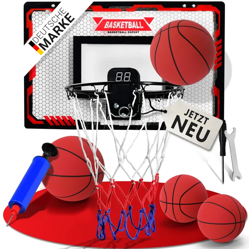 Mini Basketballkorb Indoor [für Tür & Wandmontage] - Kleiner Basketball Korb mit Dunk-Funktion, 4 Bällen, Pumpe & Befestigungszubehör - für Kinder & Erwachsene (Mit Counter)