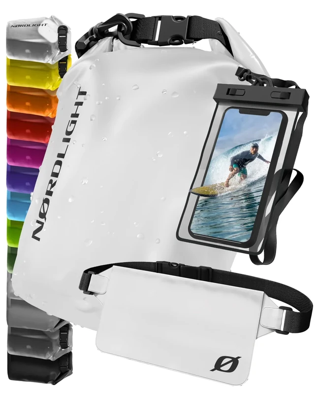 Nordlight wasserdichte Tasche 3er Set (Weiß) - Dry Bag 10l + wasserdichte Handyhülle + wasserdichte Hüfttasche | IPX8 Schutz | Mit Verstellbaren Gurten Für Strand, Stand Up Paddling