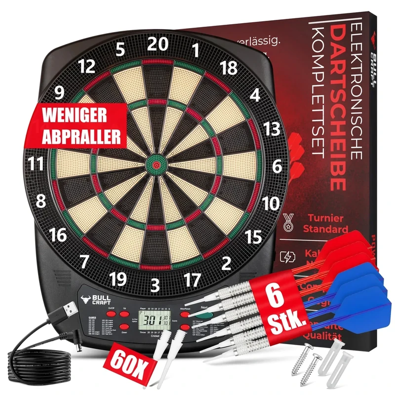 BULL CRAFT Dartscheibe Elektronisch – [ DER TURNIERSTANDARD ] – Profi E Dartscheibe Deutsch - Komplettset inkl. Dartpfeile, Elektronische Dartscheibe - Kabellos Nutzbar - Softdartscheibe