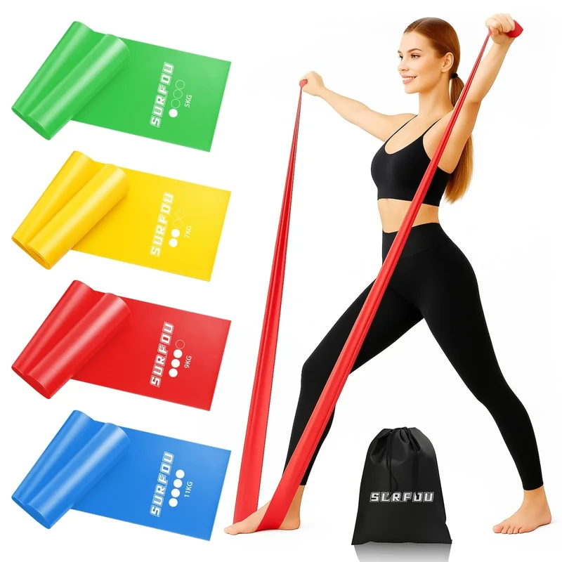 SURFOU Fitnessbänder Set mit 4 Widerstandsstufen, Hautfreundliche Widerstandsbänder mit Tragetasche, Gymnastikband, ideal für Gym, Zuhause, Yoga, Pilates, Krafttraining und Reha Training