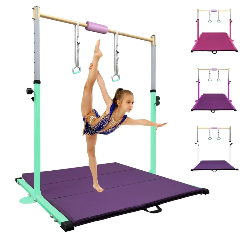 HomeSun Gymnastikstange für Kinder Robuste Kip Bar mit Ringen horizontale Turnreck für Heimtraining Höhenverstellbar 90-150cm Trainingsgerät bis 100 kg Alter 3-15 (Reck mit Matte, Green)