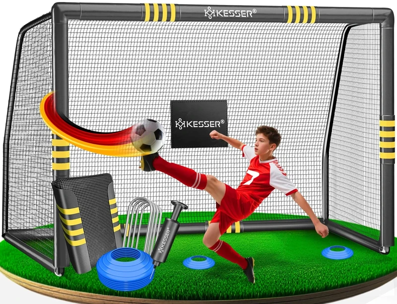 KESSER® Fußballtor – Hochwertiges Fußballtor 240cm, Training Schusstraining UV-beständigem Netz, Stahlrahmen mit Polsterung, Erdhaken, Luftpumpe, Hüttchen, Montagezubehör für Kinder und Erwachsene