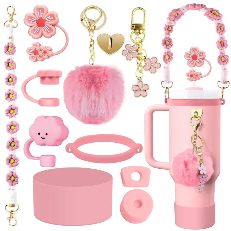 Stanley Cup Zubehör Set Rosa, 11 Stück Stanley Cup Accessories für 1.2L und 850 ml Stanley Cup, Stanley Cup Auslaufschutz, Stanley Cup Griff Riemen, Stanley Cup Strohhalm Abdeckung, Silicone Boot