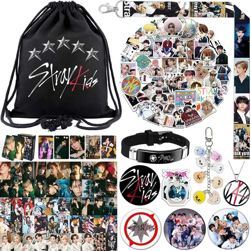 SOSAYI Stray Fanartikel Geschenk Set für STAY, Stray Merch mit 1 SKZ Turnbeutel, 1 Schlüsselanhänger, 1 Handy Ring, 1 Schlüsselband, 1 Armband, 1 Halskette, 4 ins, 50 Aufkleber, 55 Photocard
