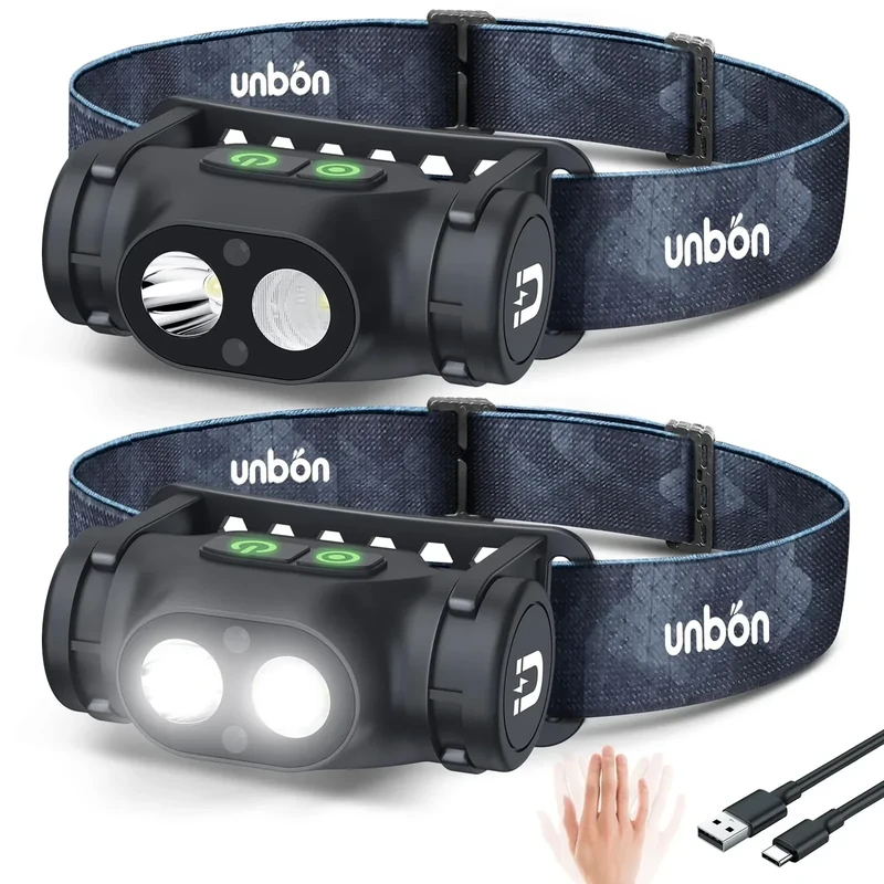 UNBON Stirnlampe LED Wiederaufladbar, Kopflampe Stirnlampe Aufladbar USB C Sehr Hell Dimmbar mit 3 Modi und Sensor, IPX4 Wasserdicht Magnet Stirnleuchte LED Wiederaufladbar für Wandern Angeln 2 Stück
