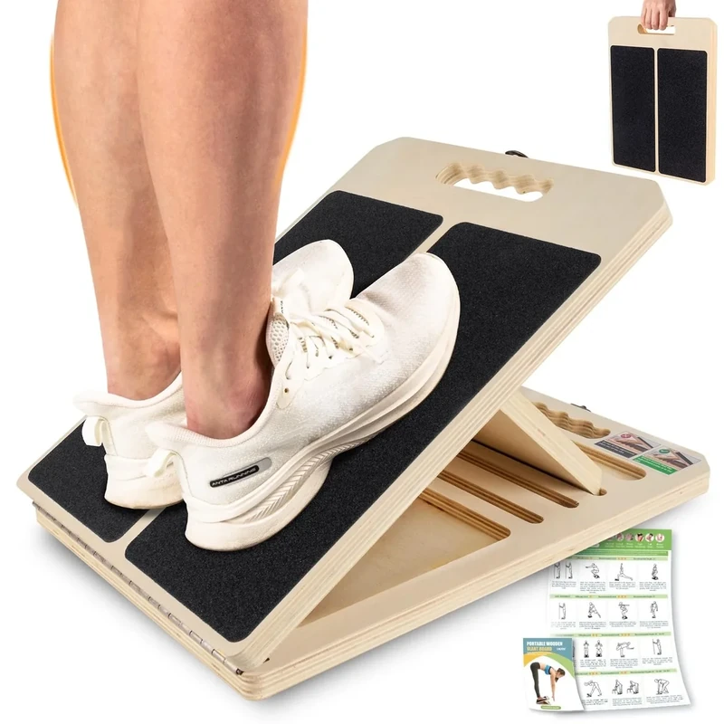 Wadendehner Schrägbrett aus Holz, Slant Board mit 5 Winkeln und Trainingsposter, Verstellbar Wadenstrecker mit Tragegriff, Mobility Balance Board für Wadenstreckung
