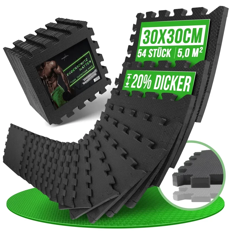 AthleticPro Bodenschutzmatte Sets mit [30x30cm] oder [60x60cm] extra dicke Bodenmatten [20% mehr Schutz] - Rutschfeste Schutzmatten für Fitnessraum (30x30 | 54 Stk. | 5,0 M²)