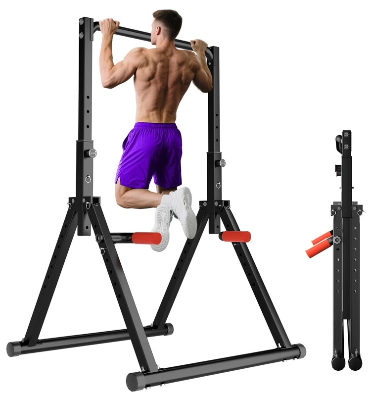 WATBKHE Klimmzugstange Freistehend Power Tower Dip Station Faltbar, Pull Up Bar Verstellbar, Multifunktions Home Gym Trainingsgerät, Krafttraining Fitnessgeräte (Schwarz)