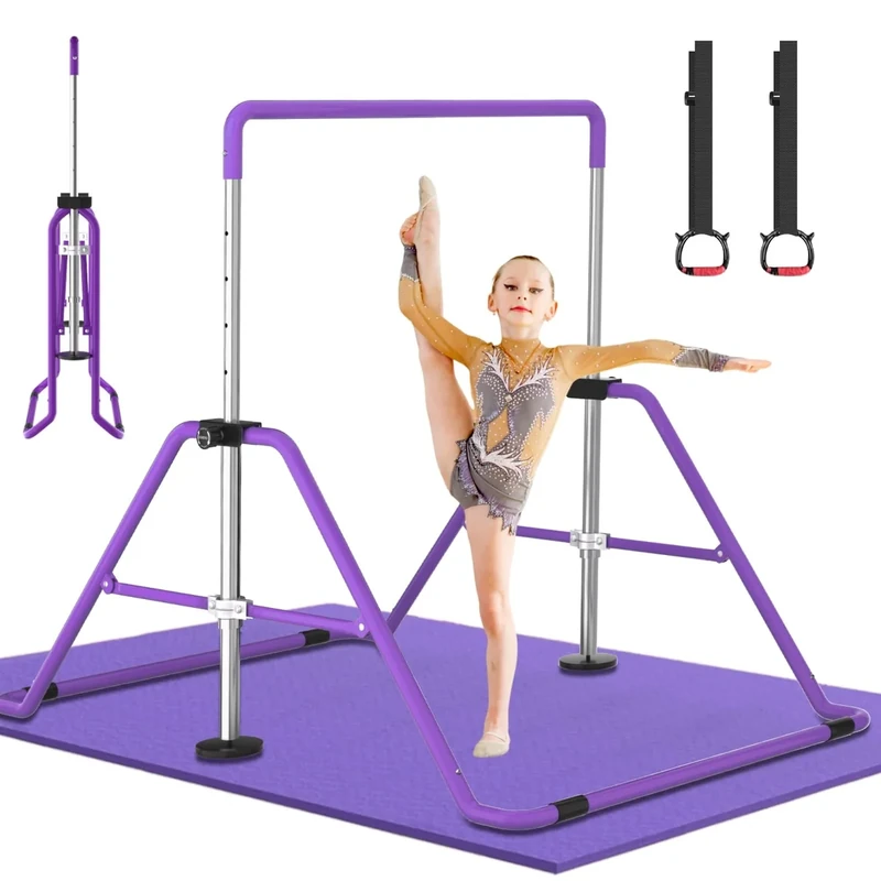 DOBESTS Gymnastikstange Kinder, Faltbarer Turnreck mit Rings und Matte Turnstange Indoor Reckstange Outdoor, Gymnastics Bars mit Verstellbarer Höhen