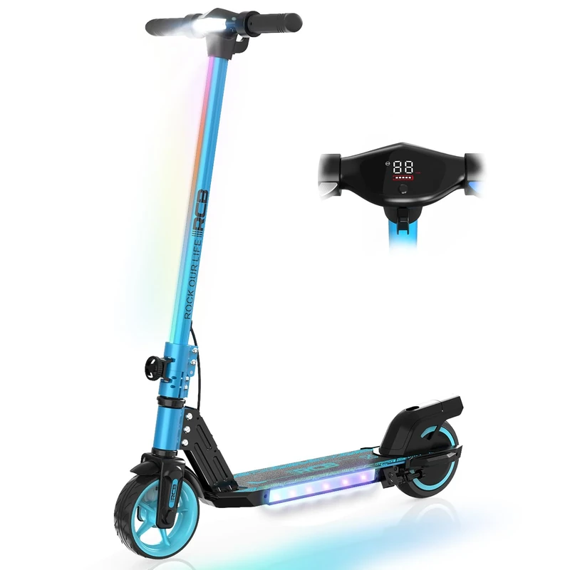 RCB R12 E-Scooter Kinder 6-12 Jahren, bis zu 15 km/h & 10 km, 6,5 Zoll Faltbar Elektroroller, Bunte Leuchten, LED Display,Doppelte Bremsen, Geschenk für Kinder