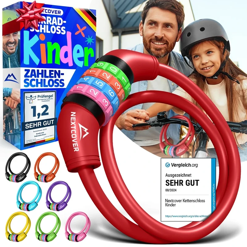 NEXTCOVER® Fahrradschloss Kinder mit 4-stelligem Zahlencode I Kinder Fahrradschloss - Ideal für Roller, Fahrrad & mehr I Zahlenschloss Fahrrad mit bunten Zahlen - Roller Schloss Extra robust & sicher