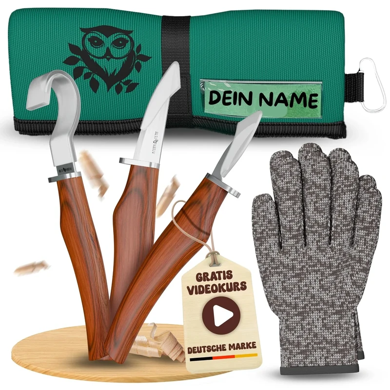 ALTIVATIV - Schnitzmesser Kinder Set ab 6, 8, 10 Jahre - [Inkl. VIDEOKURS] - 3er Schnitzset Kinder Personalisierbare Rolltasche mit Namensschild - Schnitzmesser Set mit Handschuhen & Schnitzwerkzeug
