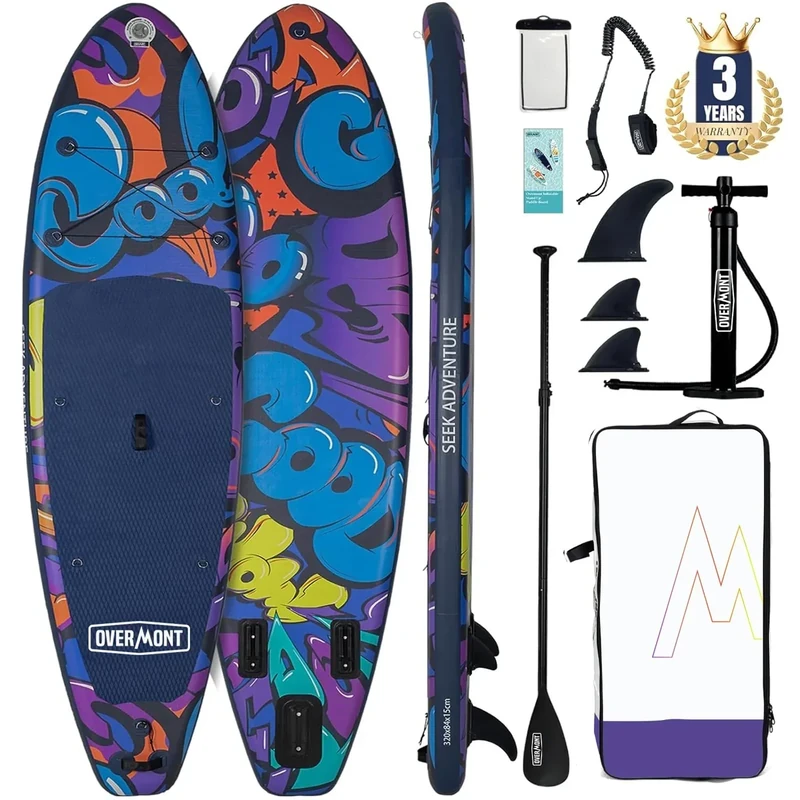 Overmont Aufblasbares SUP Board Set - Stand Up Paddle Board mit Paddleboard Zubehör - Einschließlich Verstellbares Paddel Pumpe Abnehmbarer Flosse Surfboard Leash Wasserdichter Taschenrucksack
