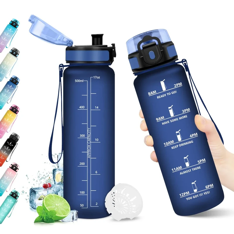 Trinkflasche 500ml, Trinkflasche mit Filter, Auslaufsicher, Wasserflasche mit Zeitmarkierung, BPA-frei, Sportflasche für Fitness, Fahrrad, Büro, Schule, Outdoor, Yoga, Erwachsene, Sprudel geeignet
