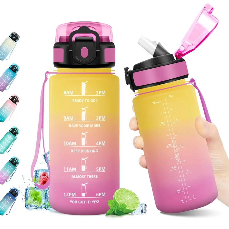 Wasserflasche 500ml, Motivierende Trinkflasche, Wasserflasche mit Strohhalm, Auslaufsicher & Zeitmarkierung, BPA-frei, Sportflasche für Sport, Schule, Fitnessstudio, Wandern, Fahrrad, Outdoor