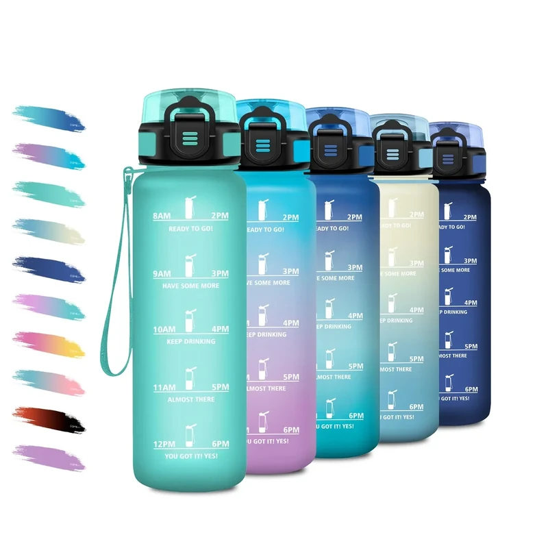 Trinkflasche 1L, Wasserflasche Sport mit Filte, Einhandöffnung, Auslaufsicher, Kohlensäure Geeignet, Motivierende Trinkflasche mit Zeitmarkierung, Sportflasche Perfekt für Camping, Fahrrad, Büro