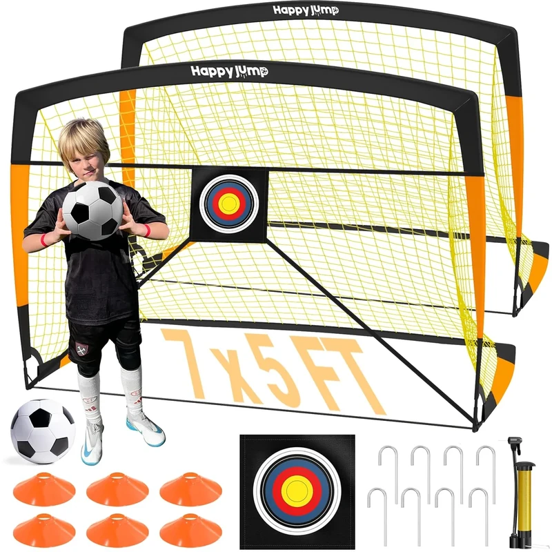 Happy Jump Pop-Up Fußballtore – 213x152 cm, 2 Tore, Schwarz Orange mit Ball, Pumpe, Hütchen & Zielscheibe | Komplettes Training-Set für Garten & Familie