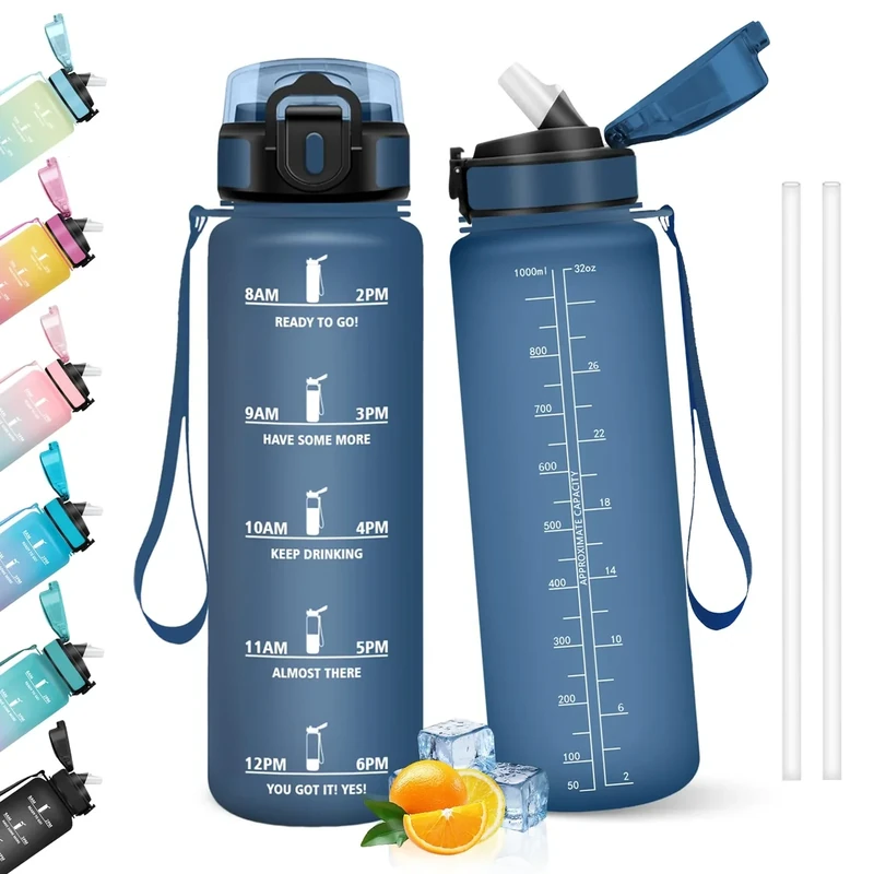 HoneyHolly Trinkflasche 1L, Auslaufsicher, Trinkflasche Kohlensäure Geeignet, Wasserflasche BPA-Frei, Sportflasche mit Strohhalm, Trinkflaschen Sport für Laufen, Fahrrad, Fitness