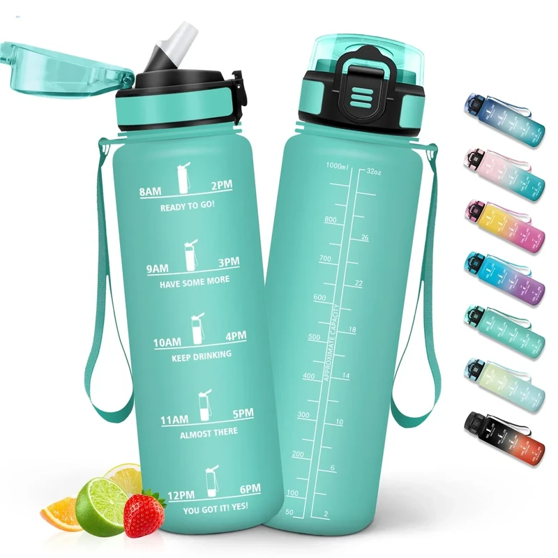 HoneyHolly Trinkflasche 1L mit Strohhalm, Trinkflasche Kohlensäure Geeignet, Wasserflasche Sport mit Zeitmarkierungen, Auslaufsichere und BPA-frei, Wasserflasche Frost & Himmel