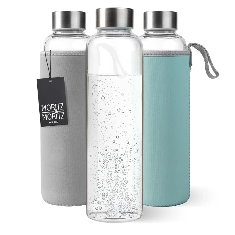 Moritz & Moritz Trinkflasche Glas 500ml - Für Kohlensäure geeignet und Auslaufsicher - Glasflasche für Sport, Schule, Uni oder Arbeit - Mit schützendem Wendebezug aus Neopren