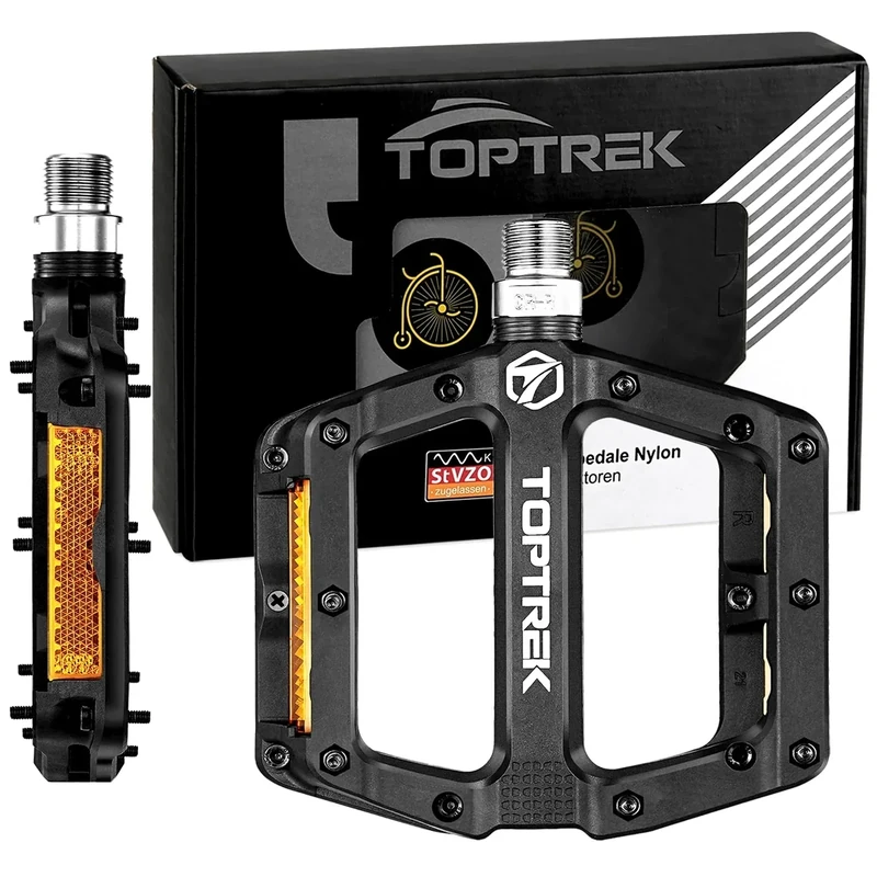 toptrek Fahrradpedale mit StVZO Reflektoren, Pedale Fahrrad Nylon Composite Flatpedale, 3 Bearing rutschfest MTB Pedale, 9/16 Zoll Fahrrad Pedalen Set für Rennrad/Mountainbike/Trekking/E-Bike