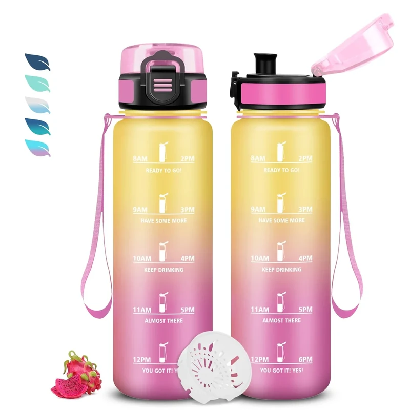 Trinkflasche- 1 liter- Trinkflasche Sport, Trinkflasches mit Uhrzeit, Trinkflasches Auslaufsicher, Trinkflasch mit Zeitmarkierung, Leicht zu Reinigen, Trinkflasch Erwachsene für Fitness, Schule, Büro