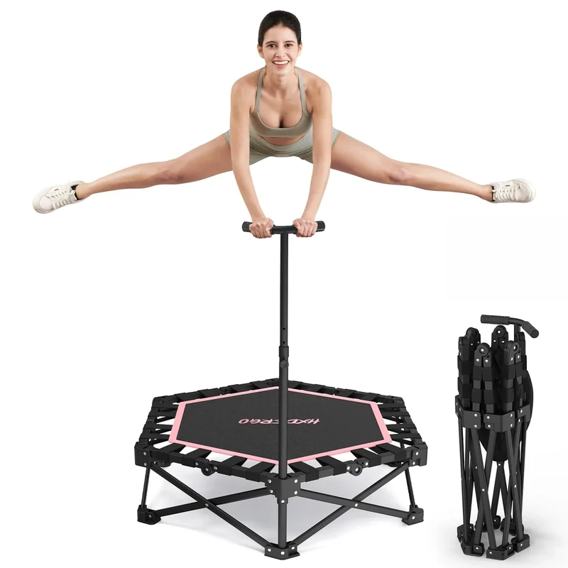 HXD-ERGO Fitness Trampolin Mit Verstellbaren Griffen, Klappbar Jumping Minitrampolin für Erwachsene, Durchmesser 106 cm, Schwarz und Pink