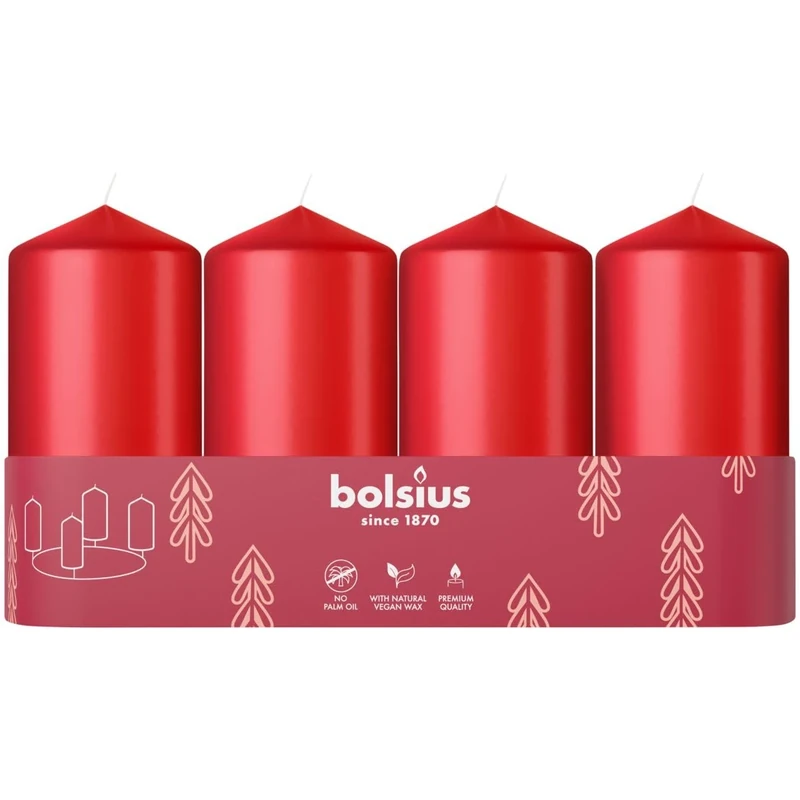 Bolsius - Adventszeit- Stumpenkerze - rot - 10cm - 4-Pack - Dekorative Kerze - Mit natürlichem Pflanzenwachs - Ohne Palmöl