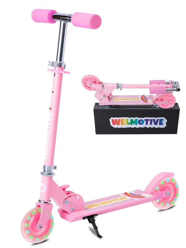 Welmotive Kinderroller mit LED Rädern Klappbarer Scooter aus Aluminium höhenverstellbar Ultraleicht Tretroller für Kinder ab 3 Jahren bis 50 kg belastbar Geschenkidee für Geburtstag Weihnachten Pink