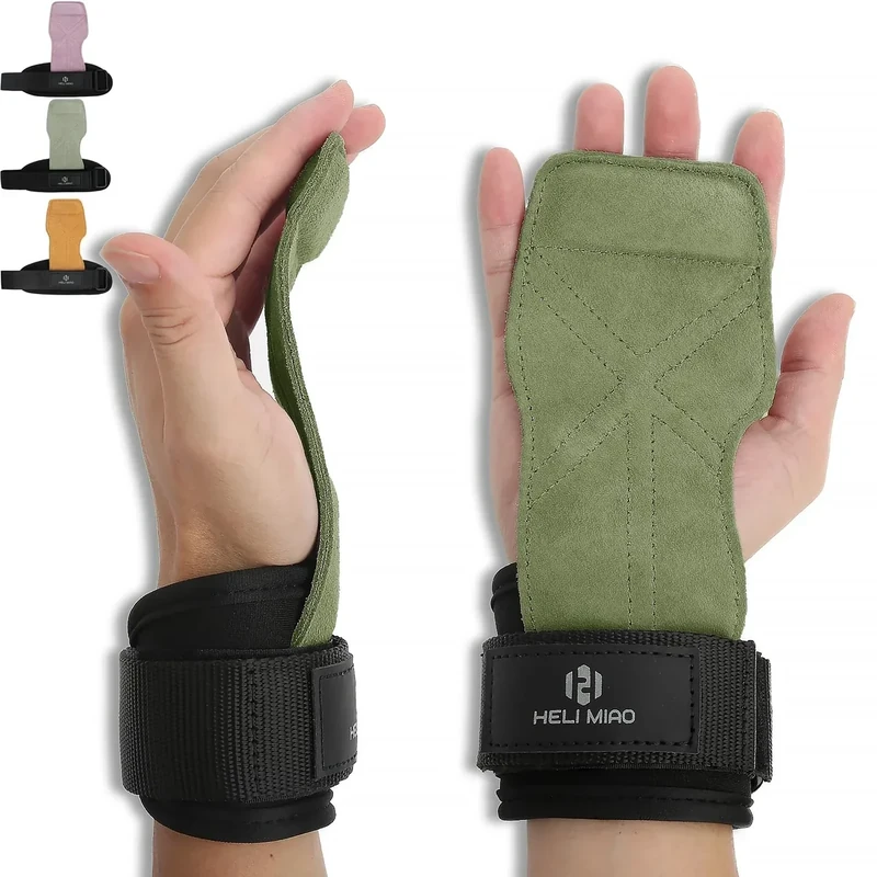 HELI MIAO Power Zughilfen Krafttraining, Fast Grip Leder Zughilfe-Handgelenksbandage für Bodybuilding, Fitness, Crossfit, Krafttraining, Powerlifting - Lifting Straps für Frauen und Männer, grasgrün