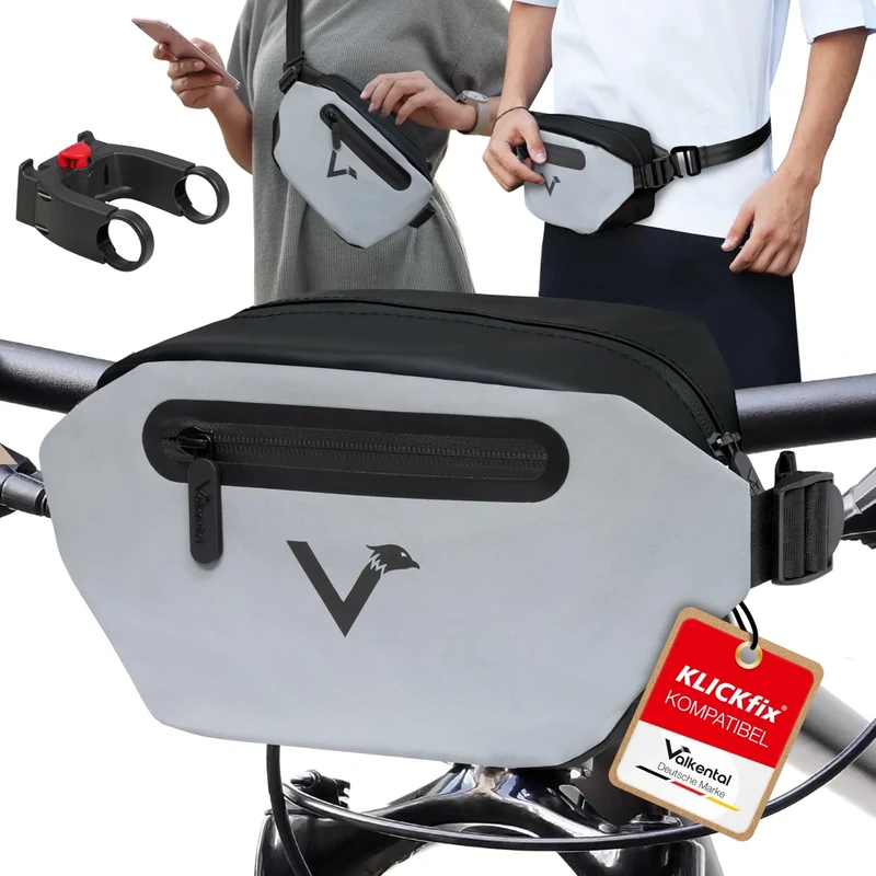 Valkental KLICKfix Fahrradtasche 3in1 - voll reflektierend und wasserdicht - geeignet als Lenkertasche und Hüfttasche - 4L Volumen - KLICKfix Fahrradtasche