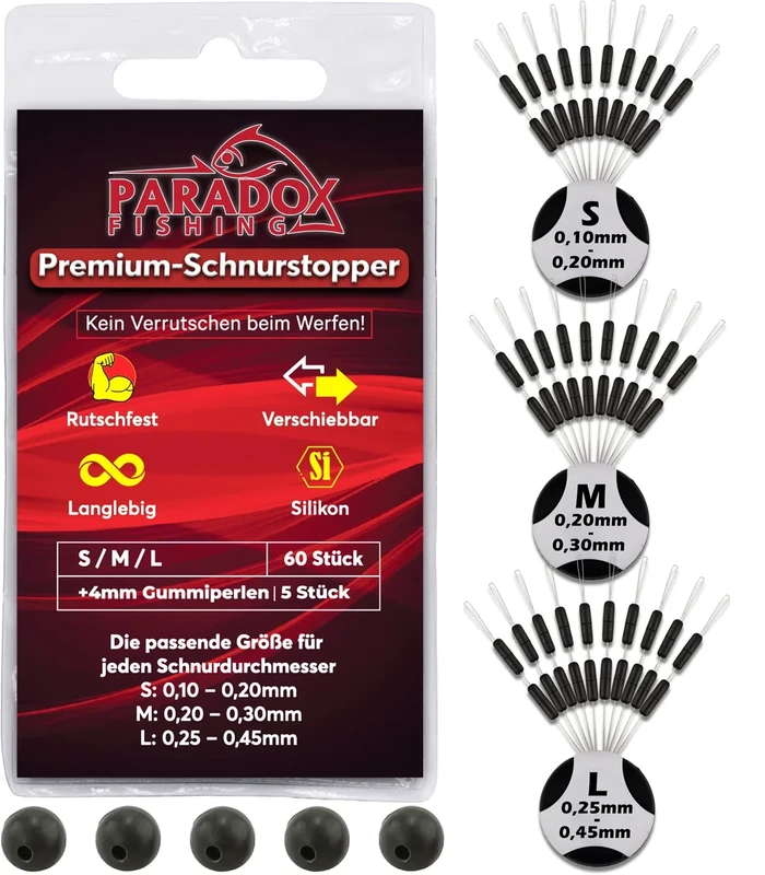 Paradox Fishing 60 Premium Schnurstopper aus Silikon - 3 Größen S/M/L je 20 Stück 5X Gummiperlen 4mm - Schnurstopper Angeln Gummistopper Angeln - für Posen