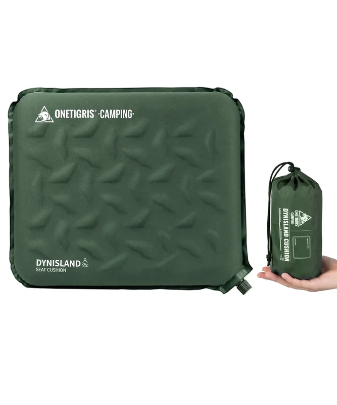OneTigris DYNISLAND Sitzkissen selbstaufblasend 41 x 33 x 4 cm, Sitz Kissen Outdoor faltbar, Camping Sitzkissen Ultraleicht 150 g, Kissen aufblasbar für Wandern, Picknick (Ranger Grün)