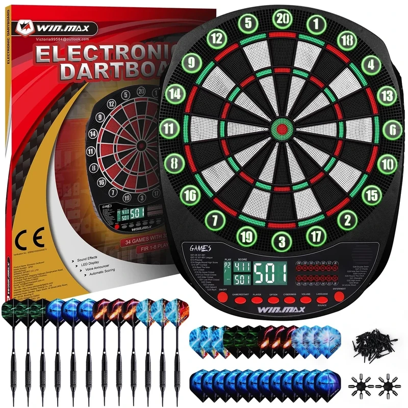Elektronische Dartscheibe Profi Set 34 Games mit 354 Varianten 3 Sprachen: Deutsch, Englisch, Französisch für 1 bis 8 Spieler mit 12 Darts