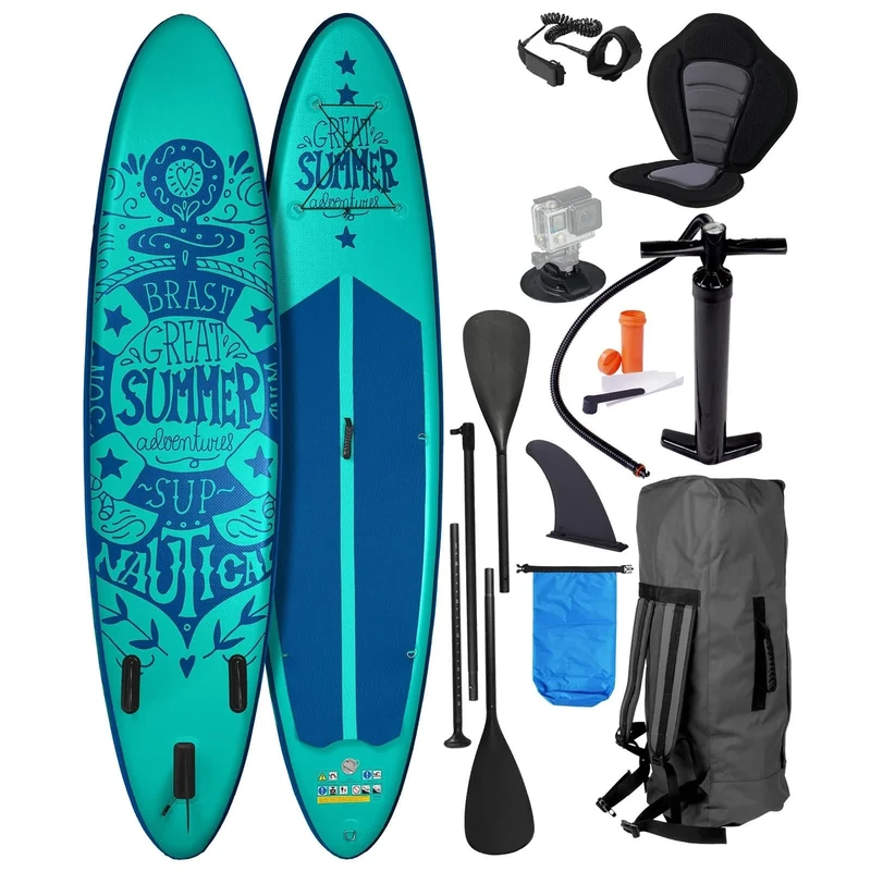 BRAST® SUP Board Summer | Aufblasbares Stand up Paddle Set | 320x81x15cm viele Modelle | 5 Jahre Garantie | inkl. Sonderzubehör | 2in1 Paddel Kajak-Sitz Action-Cam-Halterung Fußschlaufe |Türkis Dunkel