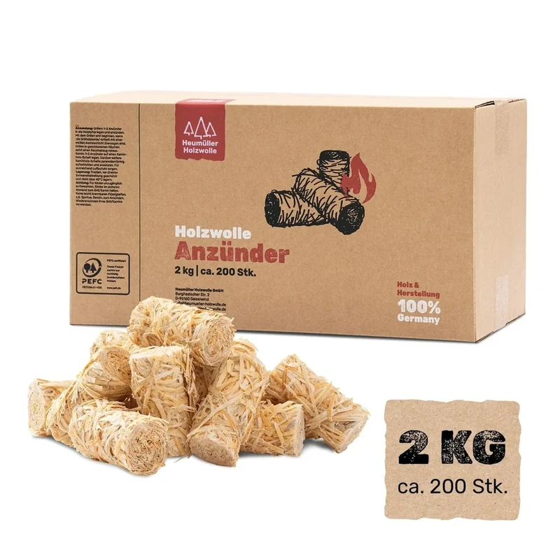Heumüller Holzwolle 2 kg (ca. 200 Stück) Holzwolle-Anzünder Kaminanzünder I Öko-Anzünder aus Holzwolle & Wachs I Lange Brenndauer & geruchsneutral I Ideal für Kamin, Grill, Smoker & BBQ