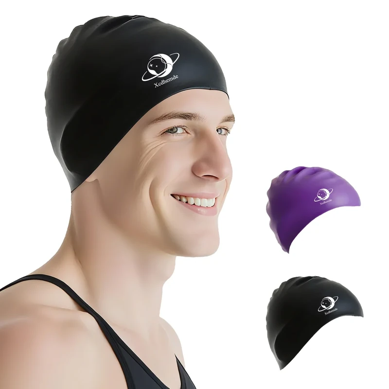 Xcdhemde® Unisex Silikon Badekappe- Schwarz, Badekappe Herren, Schwimmkappe, Badehaube Anti-Rutsch, Swimming Cap weich&bequem, Schwimmmütze für Erwachsene